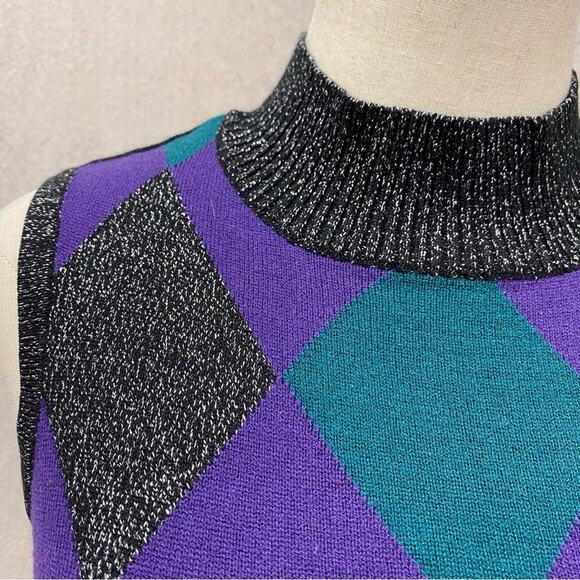 Vintage 90s argyle metallic accent sleeveless mock neck sweater Size‎ Small - Picture 3 of 12